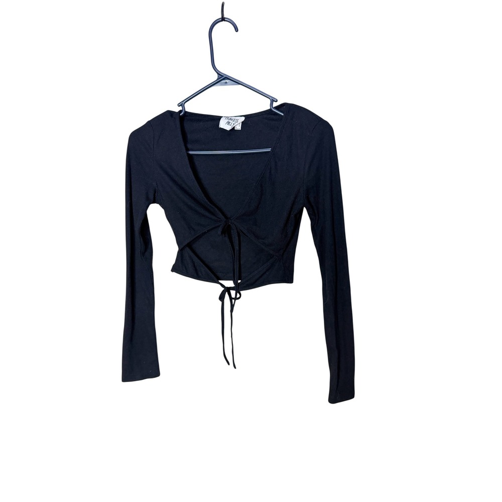 Princess Polly Black Ribbed Tie Front Long Sleeve Cut Out Crop Top Womens US 4